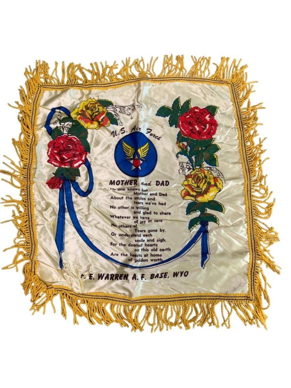 Souvenir Satin Pillow Cover U.S. Air Force Mother Dad F.E. Warren A.F. Base WYO
